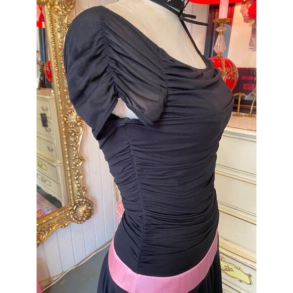 vintage y2k black ruched net off the shoulders dress trixxi hankie hem pink sash - Picture 5 of 9